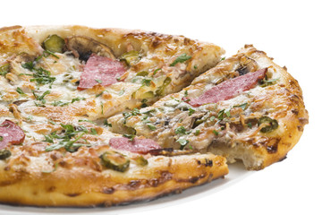 Tasty pizza with sausage, mushrooms and cucumber