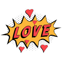 Comic book word love with hearts pop art style with halftone background, vector Comic speech bubble with expression text love