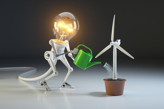 Robot lamp watering wind generator in a pot. The concept of environmental protection