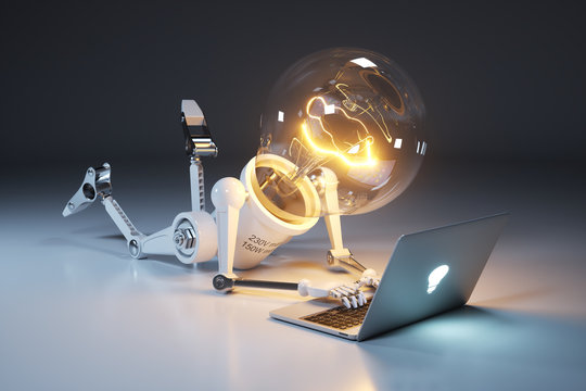 Personage light bulb robot and laptop. Search for idea. Concept 3d render