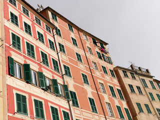 Scenic Mediterranean riviera coast. Panoramic view of Camogli to