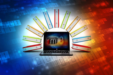 Database or archive concept. Data storage. Laptop and file cabinet with ring binders. 3d