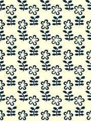Indigo woodblock printed seamless floral pattern. Vector ethnic ornament, traditional Russian motif with flowers, navy blue on ecru background. Textile print.