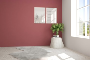 White empty room with summer landscape in window. Scandinavian interior design. 3D illustration