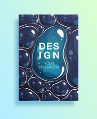 Poster with clean waters drops or cover with soap bubble. transparent drops with reflection on dark-blue background for flyers, card, brochure, web design, vector illustration. EPS10