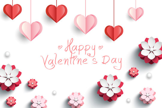 Valentines card with decorative paper hearts and pink flowers. Vector illustration