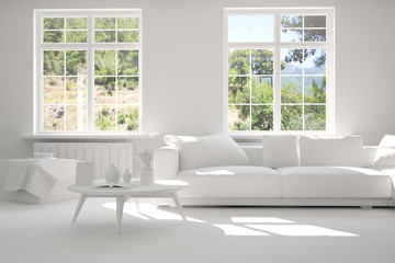 Idea of white room with sofa and summer landscape in window. Scandinavian interior design. 3D illustration