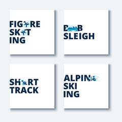 Collection of vector illustrations of winter games. Names of winter sports.