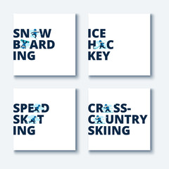 Collection of vector illustrations of winter games. Names of winter sports.