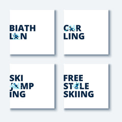 Collection of vector illustrations of winter games. Names of winter sports.