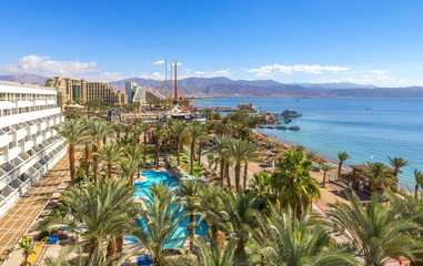Aerial view on the Red Sea and central public beach in Eilat - famous resort city in Israel and...