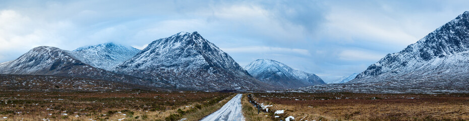 landscape view of scotland and the entrance to glen etive near buchaille etive mor in winter in panoramic landscape format © Andy Morehouse
