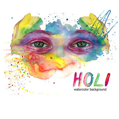 Watercolor drawing of a man's head is dirty in paint, multi-colored face, portrait, opened eye, glare on iris of the eye, on holiday holi, indian holiday, with element of splashed paint on white backg