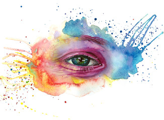 Watercolor drawing of a man's head is dirty in paint, multi-colored face, portrait, opened eye, glare on iris of the eye, on holiday holi, indian holiday, with element of splashed paint on white backg