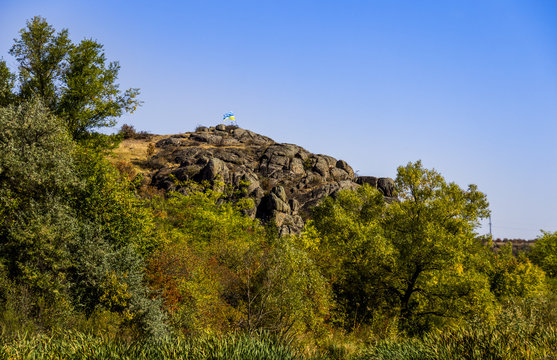 ukrainian flag at the top of the Aktovskiy Canyon, Nikolaev region, Ukraine