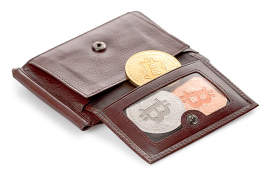 virtual coins bitcoin as digital cash in portmane isolated on white background