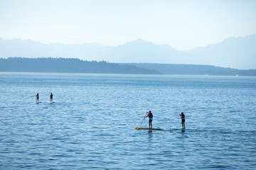 Two silhouetted pairs of stand up paddle board riders on a blue ocean, with mountains on the horizon