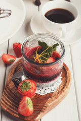 Chia pudding with berries, healthy restaurant dessert