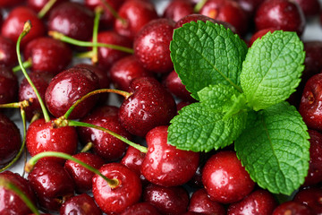 Macro photo of cherry berries with mint leaves.