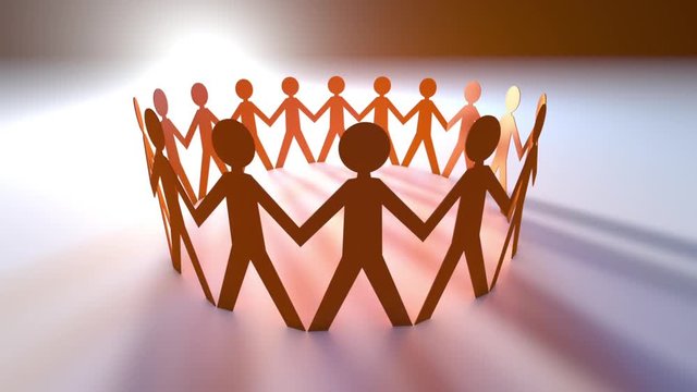 3D rendered Animation of symbolic People standing together and forming a circle holding hands. Key visual for a Team, Friendship, Community or Family.
