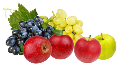 Fresh grapes and apples isolated on white background with clipping pass