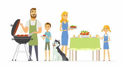 Happy family at the barbecue - modern cartoon people characters illustration