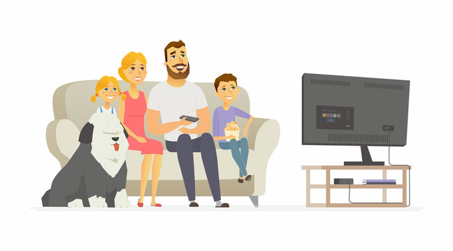 Happy family watching TV - modern cartoon people characters illustration