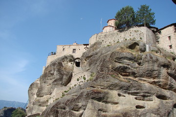 A view from the bottom of the building of the male monastery on the rocks of St. Meteori