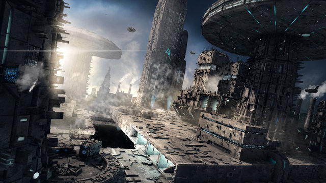 Science-Fiction Welt im Himmel mit Flugzeugen, einer Kirche und einem Hotel im Industrieviertel der Stadt.