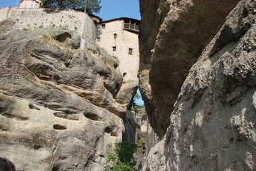 A view from the bottom of the building of the male monastery on the rocks of St. Meteori.