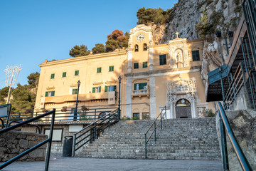 View of Sanctuary of Saint Rosalia with the holy cave on top of Monte Pellegrino in Palermo, Sicily, Italy