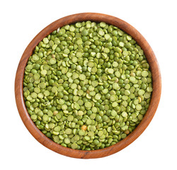 Mung beans in a wooden bowl on a white background.