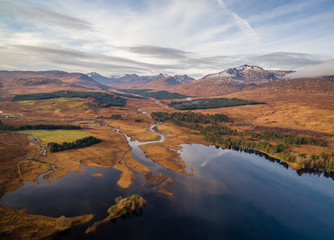Fototapeta na wymiar landscape view of scotland and loch tulla in the remote highlands of scotland during winter from an aerial viewpoint in panoramic landscape foramt