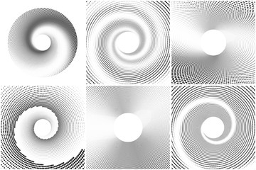 Black and white spiral abstract halftone dots background set. Vector illustration