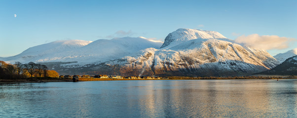 landscape view of scotland and ben nevis near fort william in winter with snow capped mountains and...