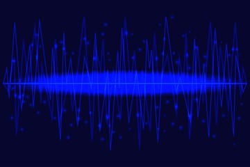 Neon Sound waves with stars. Shining lines on the deep blue background. Equalizer dynamic visual effect. Vector illustration.