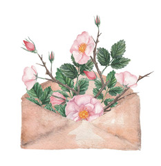Watercolor card, a rose in the envelope