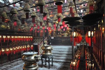 Inside the little Hong Kong Tin Hau temple with lots of wishes lanterns and incense