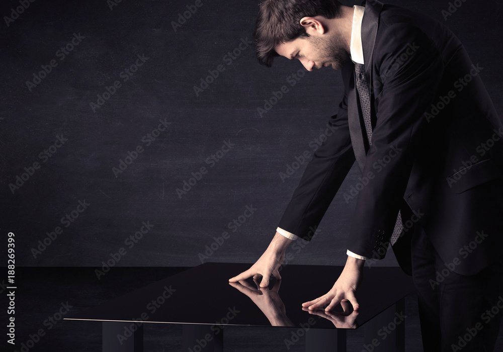 Poster Close up of a hand touching smart table with copy space