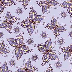 Seamless abstract pattern with butterflies and flowers in lilac colours.