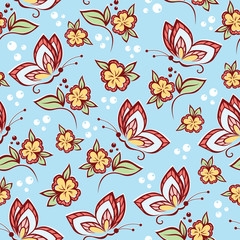 Abstract seamless pattern with butterflies and flowers on a blue background.