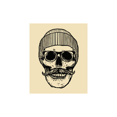 Monochrome Hipster skull with mustache, eyeglasses and winter hat