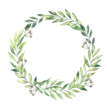 Hand drawn watercolor illustration. Botanical wreath of green branches and leaves. Spring mood. Floral Design elements. Perfect for invitations, greeting cards, prints, posters, packing etc