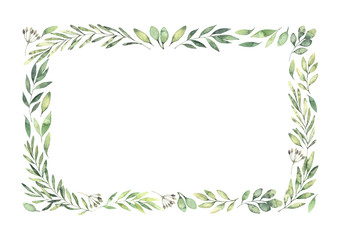 Hand drawn watercolor illustration. Botanical rectangular border with green branches and leaves. Spring mood. Floral Design elements. Perfect for invitations, greeting cards, prints, posters