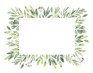 Hand drawn watercolor illustration. Botanical rectangular label of green branches and leaves. Spring mood. Floral Design elements. Perfect for invitations, greeting cards, prints, posters, packing etc