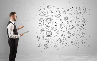 Businessman standing in social media concept and