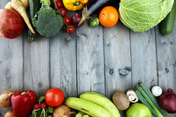 Fototapeta na wymiar Composition with variety of raw organic vegetables and fruits. Balanced diet