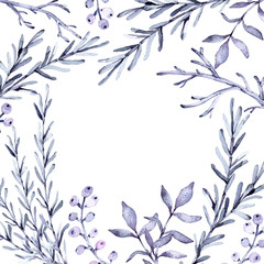 Hand drawn watercolor illustration. Botanical frame with violet branches and leaves. Blue collection. Floral Design elements. Perfect for wedding invitations, greeting cards, prints, posters