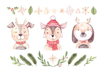 Naklejka premium Merry christmas design elements. Hand drawn watercolor illustration - dog with floral elements, gold snowflakes and snow. Winter background. Perfect for invitations, greeting cards, posters, banners