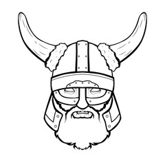 Outline of vector illustration of a skull wearing a viking helmet. Print, logo, poster, for your design.